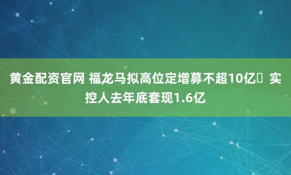 黄金配资官网 福龙马拟高位定增募不超10亿 实控人去年底套现1.6亿